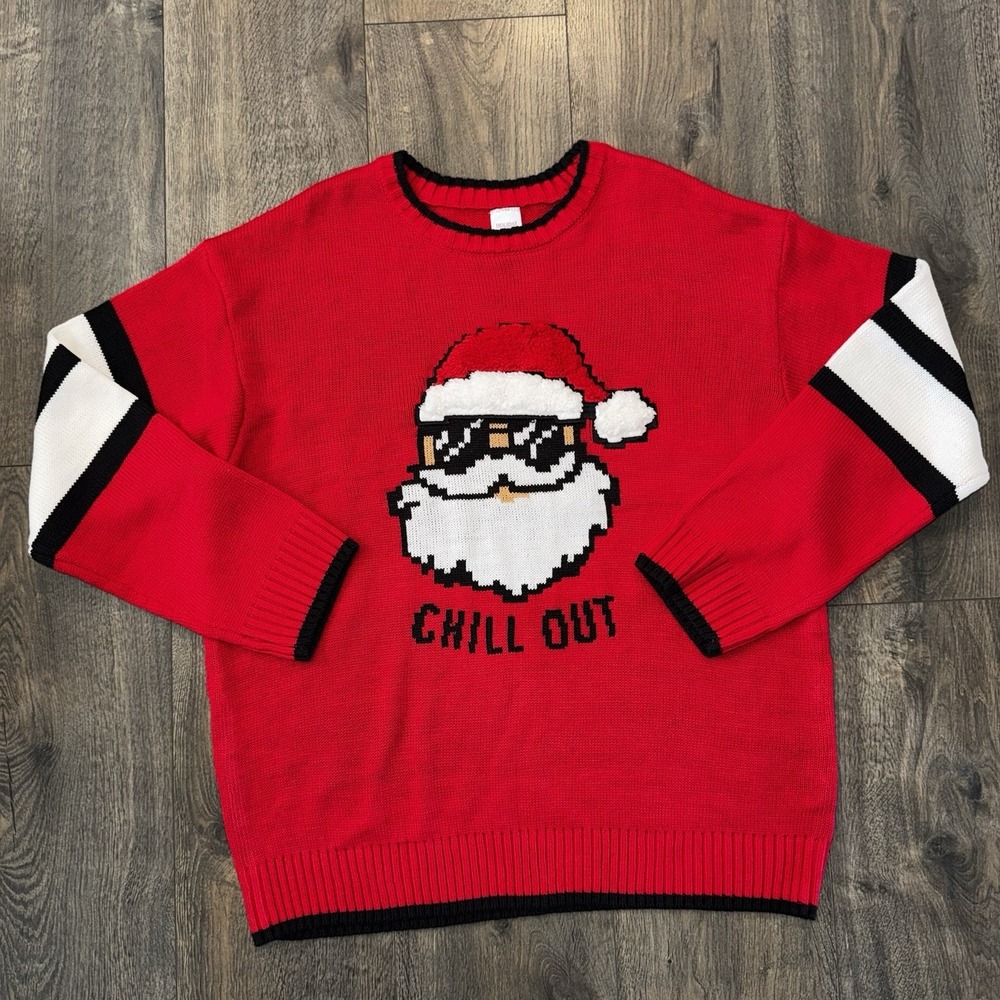 Holiday Time Mens Sz XXL Faux Fur Ugly Christmas Sweater Chill Out Santa Holiday